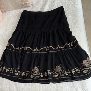 LOFT Black Midi Skirt with Gold Embroidery